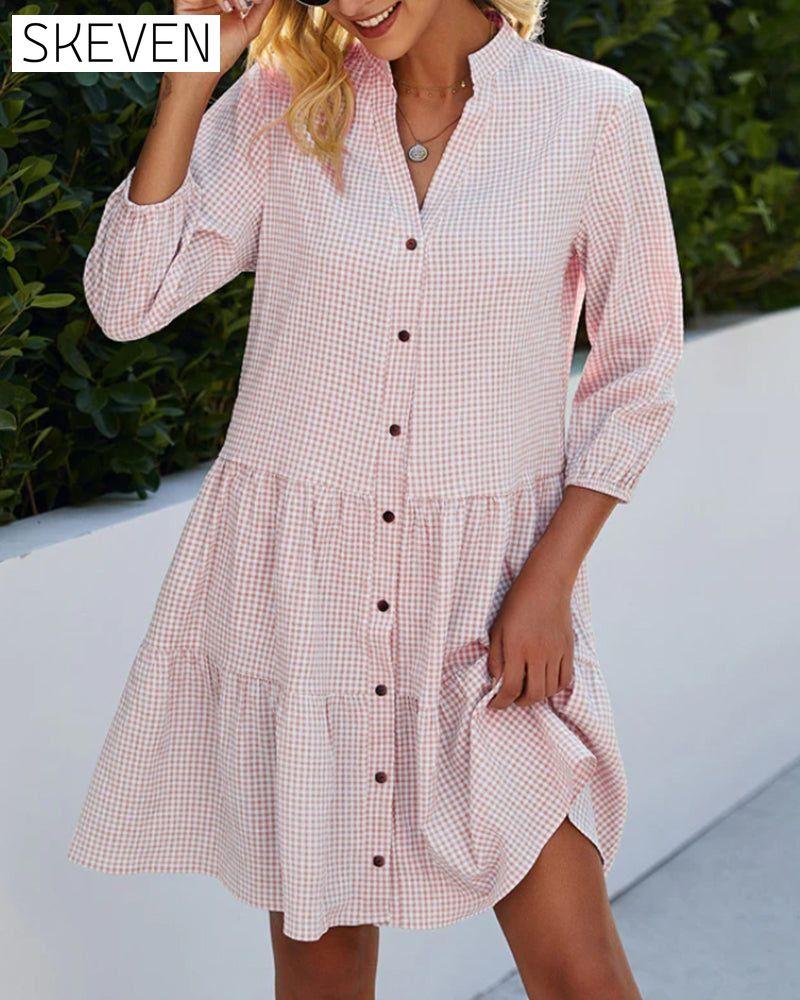Stand Collar Plaid Print Dress 23BF Casual Dresses Clothes Dress Dresses Summer