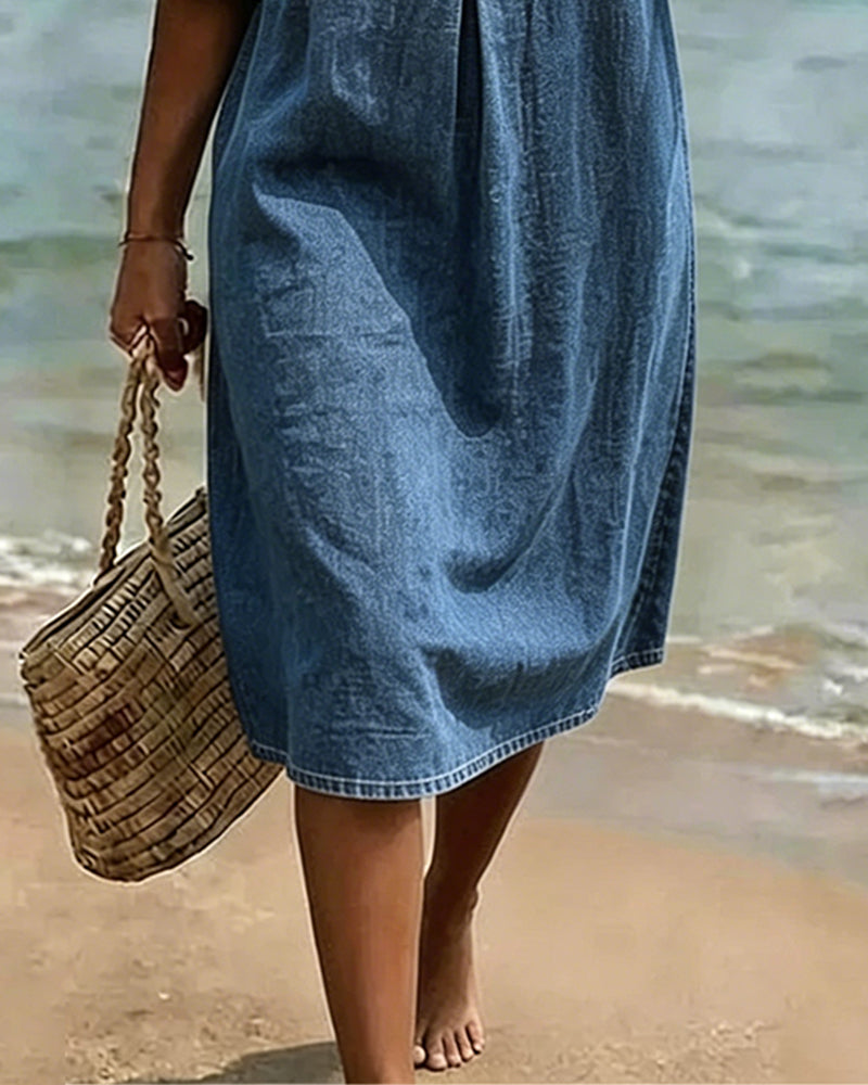 Denim Lace-Up Mid-Sleeve Dress