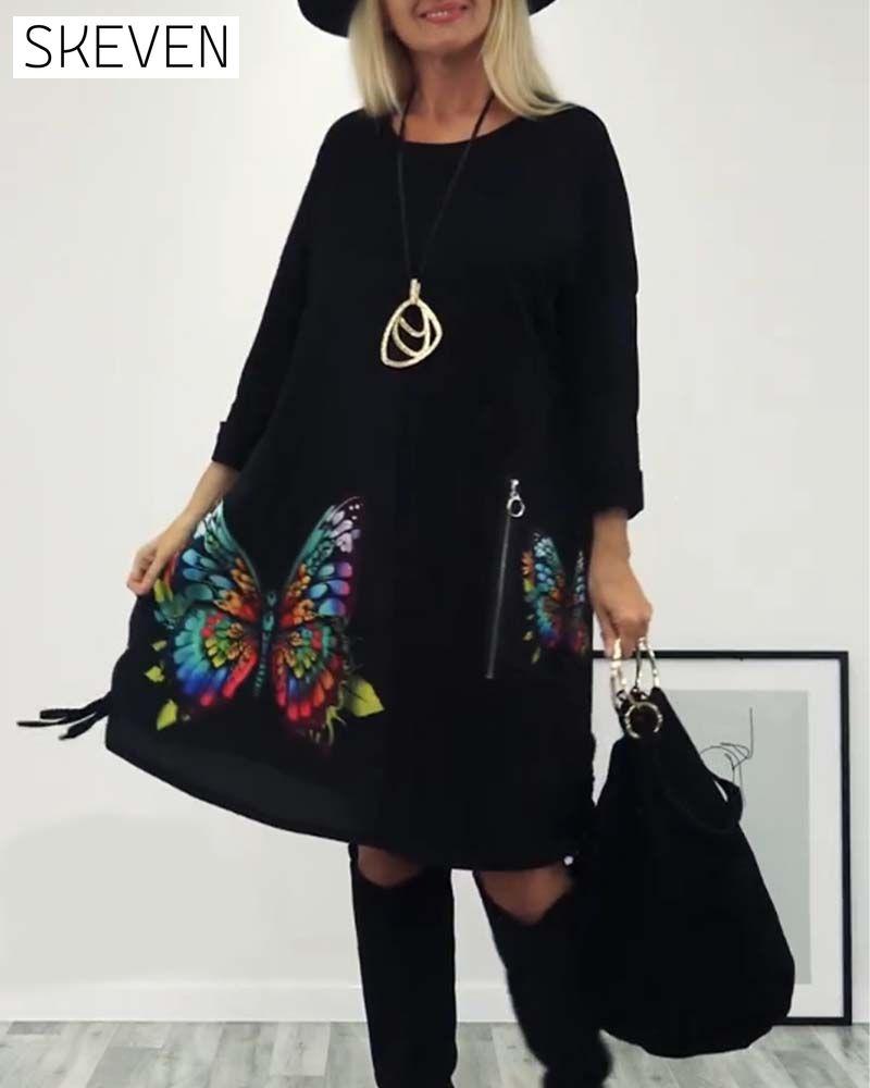 robe à manches longues imprimée papillon avec poches