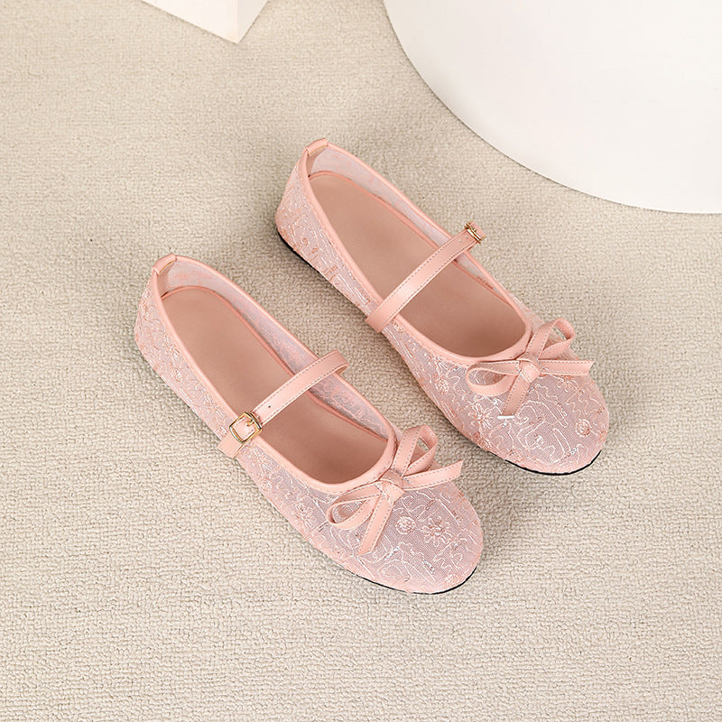 Womens Embroidered Mesh Mary Jane Flat Shoes