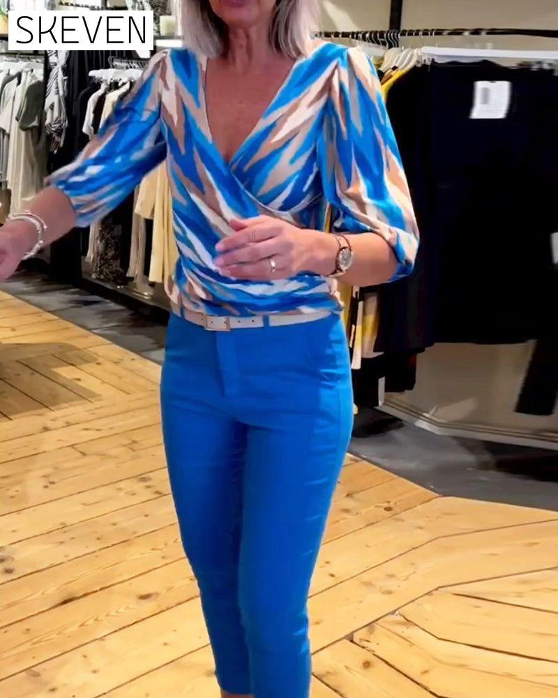 Printed casual deep V top