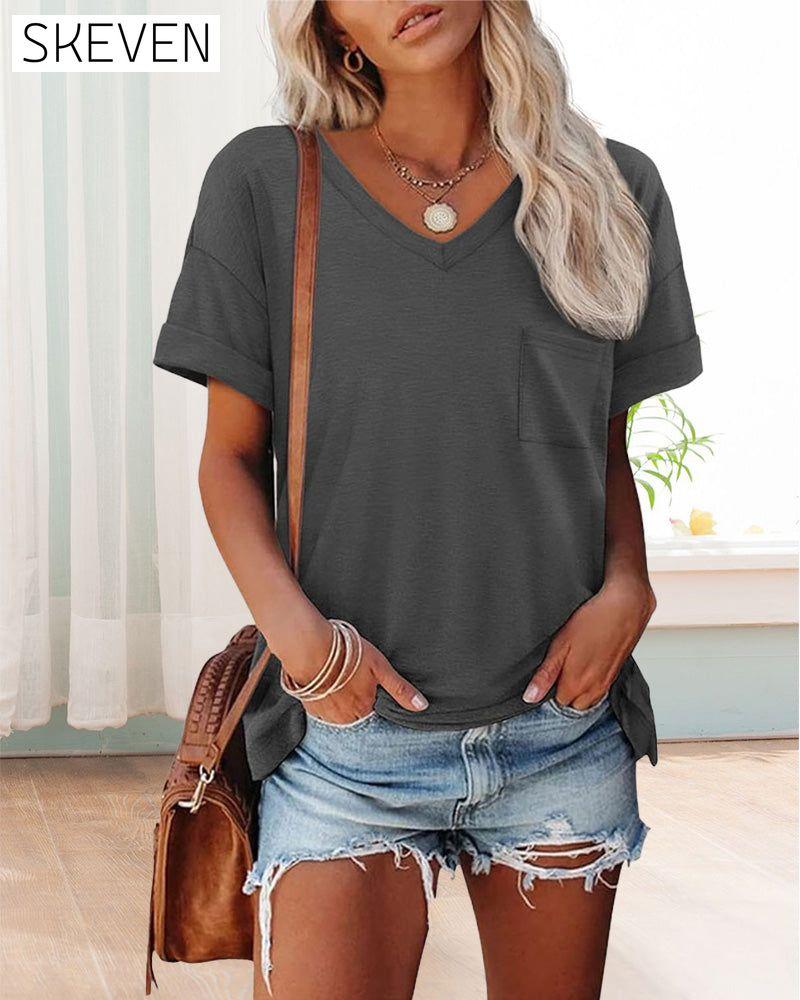 Kurzarm-T-Shirt mit V-Ausschnitt und Tasche in Unifarbe