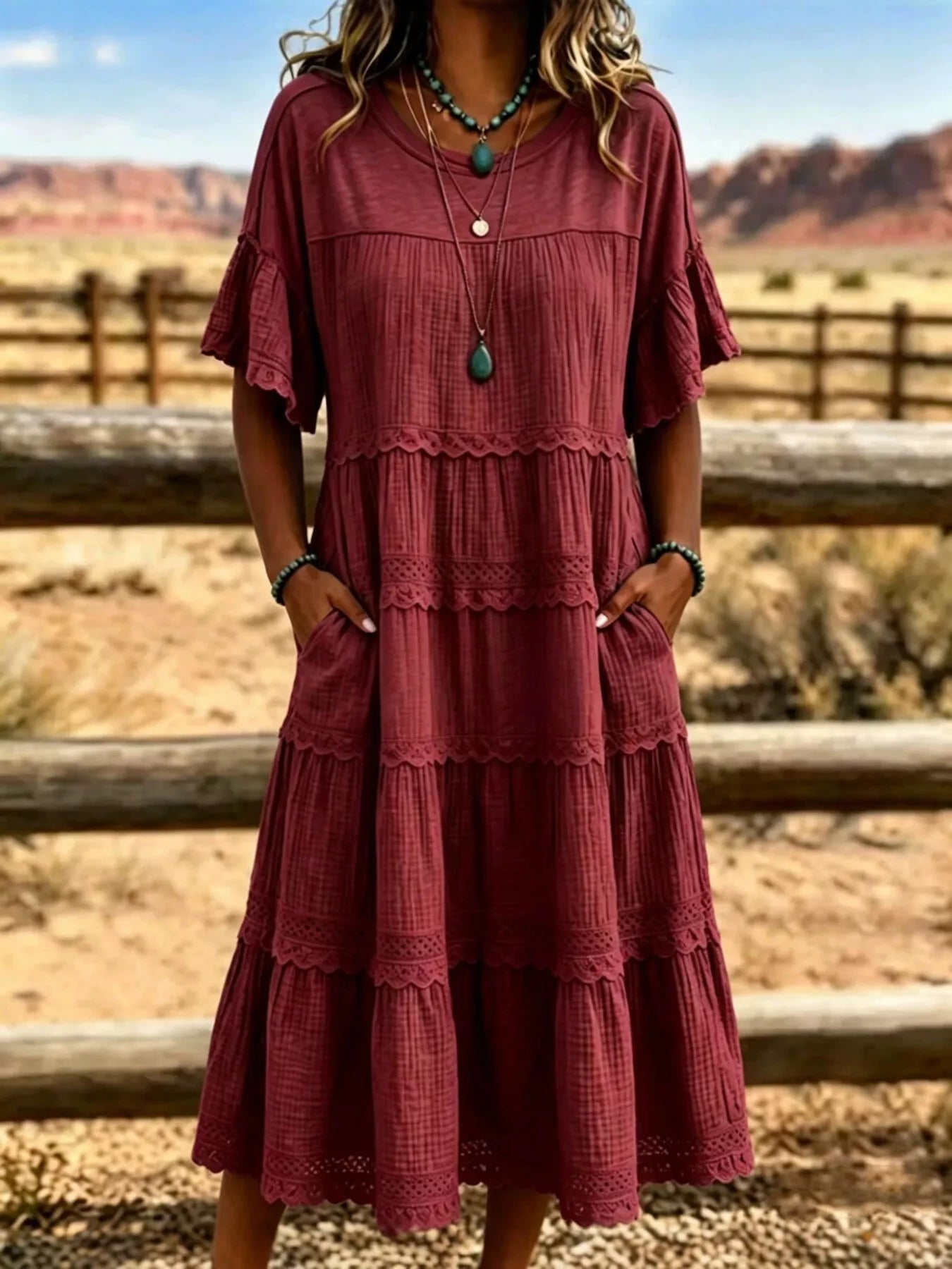 Full Size Tiered Ruffle Sleeve Midi Dress with Pockets Plus Size