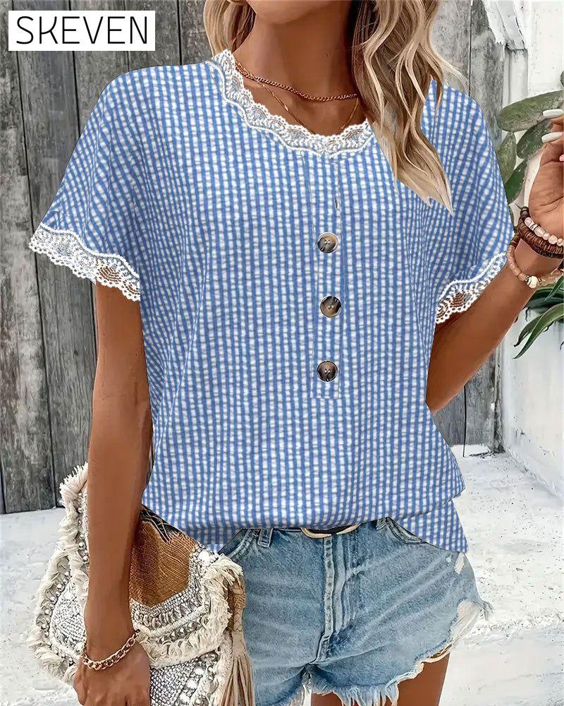 Blouse rayée à encolure ronde et empiècements en dentelle