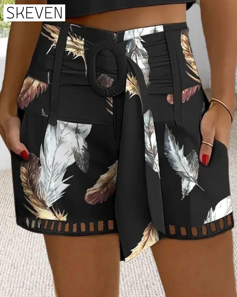 Feather print cutout elegant shorts shorts summer