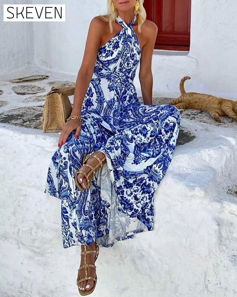 Airy Neckless Cashew Flower Long Dress