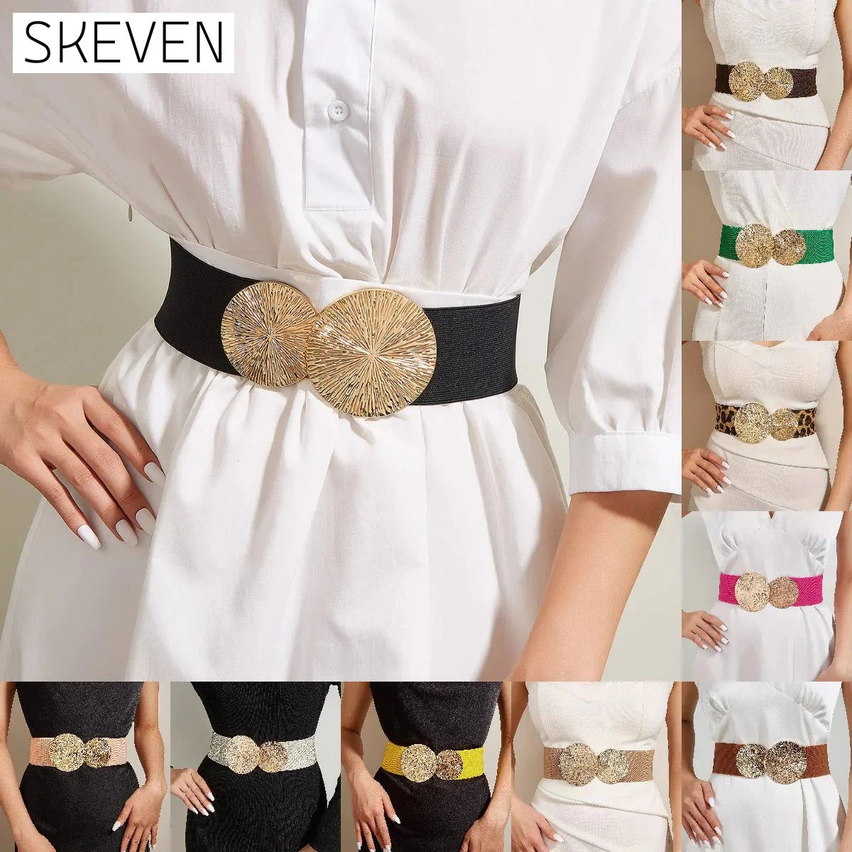 Damen Vintage Elastische Riem Met Gouden Gesp