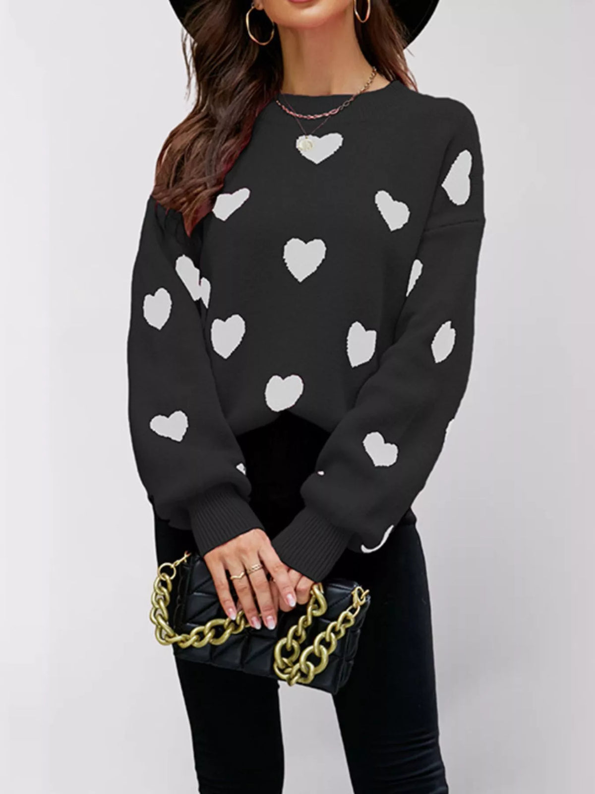 Heart-Patterned Dropped Shoulder Sweater
