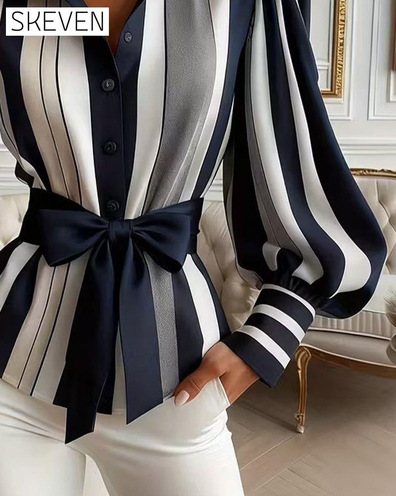 Puff-Sleeved Striped Collared Blouse