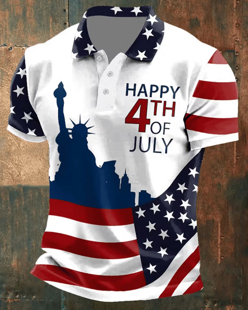 Stars And Stripes Print Lapel Button T-Shirt