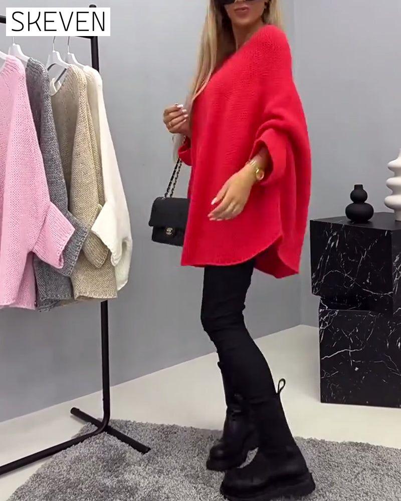 Fashion solid color bat sleeve round neck pullover