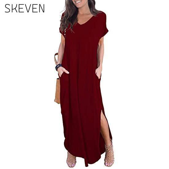 Women's Casual Loose Pocket Split Maxi Dress Burgundy __stock:200 casual dresses clothes dresses refund_fee:1200 show-color-swatches