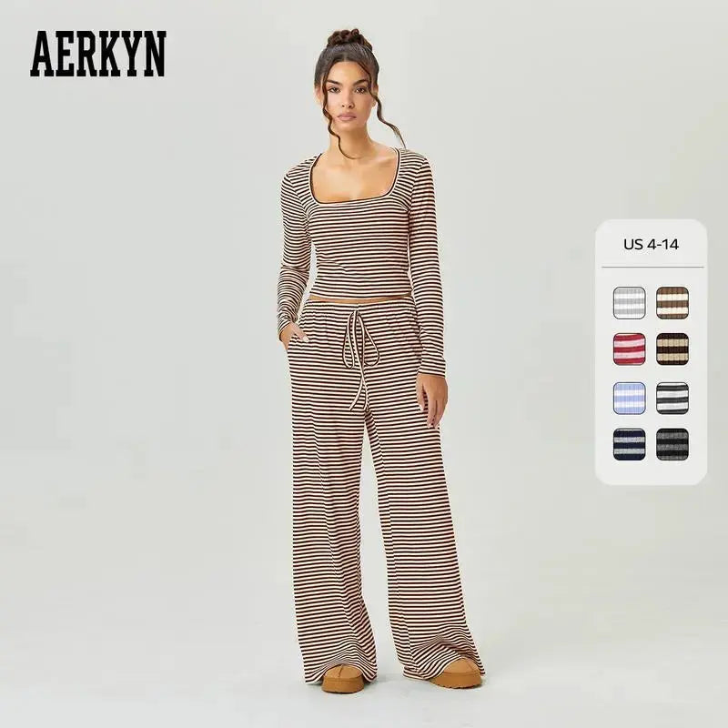 Flaire™ Stripe Lounge Set Women – Square Neck Two Piece Outfit
