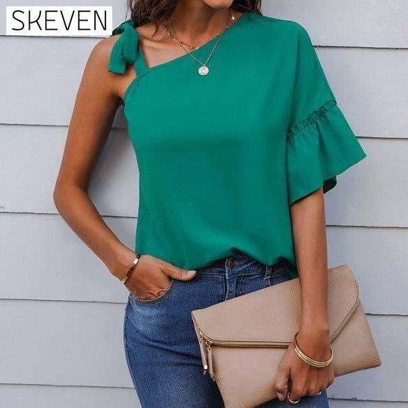 Women's fashion diagonal collar Ruffle Sleeve Chiffon Top aqua blue clothes off the shoulder shirt shirt shirts short sleeve short sleeve shirt short sleeve top tops Tops/Blouses