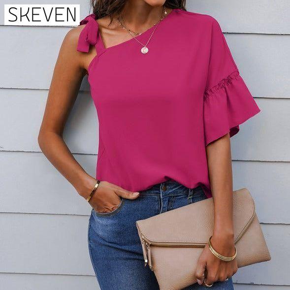 Women's fashion diagonal collar Ruffle Sleeve Chiffon Top Rose Red clothes off the shoulder shirt shirt shirts short sleeve short sleeve shirt short sleeve top tops Tops/Blouses