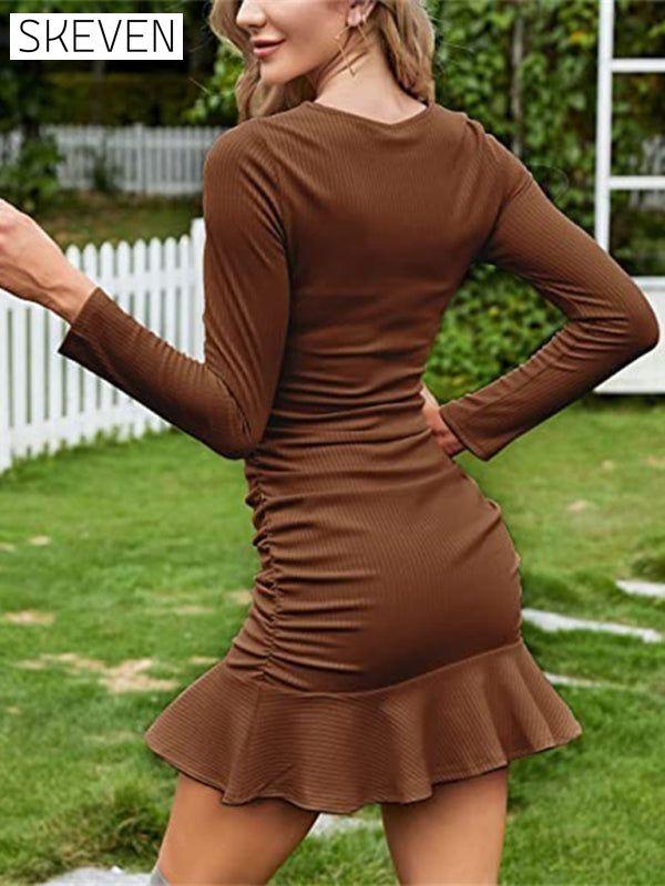 Sexy Mini Skirt Knit Long Sleeve Pleated Body Dress casual dress casual dresses clothes dress dresses long sleeve dresses long sleve dresses short dress short dresses