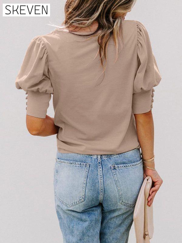 Women's Solid Color Puff Sleeve Crew Neck Blouse clothes shirt shirts short sleeve short sleeve shirt tops Tops/Blouses