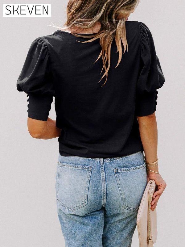 Women's Solid Color Puff Sleeve Crew Neck Blouse clothes shirt shirts short sleeve short sleeve shirt tops Tops/Blouses