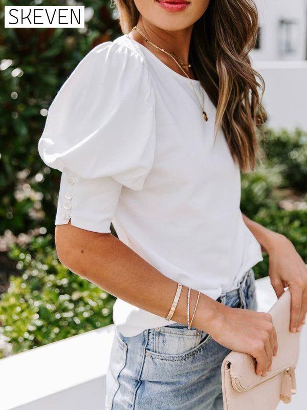 Women's Solid Color Puff Sleeve Crew Neck Blouse White clothes shirt shirts short sleeve short sleeve shirt tops Tops/Blouses