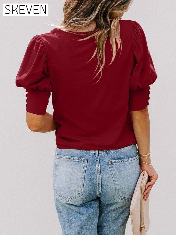 Women's Solid Color Puff Sleeve Crew Neck Blouse clothes shirt shirts short sleeve short sleeve shirt tops Tops/Blouses