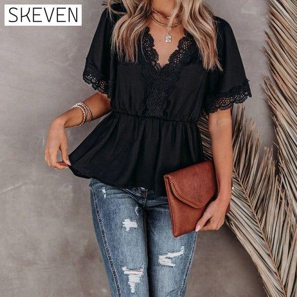 Women's Lace Panel Solid Color Short Sleeve Top clothes shirts short sleeve short sleeve shirt short sleeve top top tops