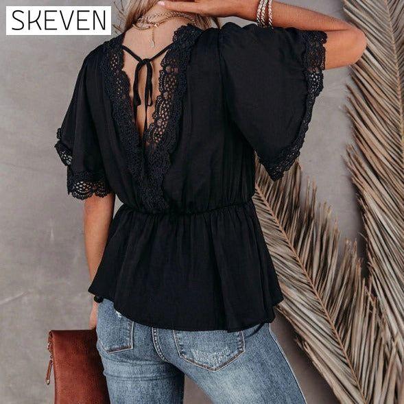 Women's Lace Panel Solid Color Short Sleeve Top clothes shirts short sleeve short sleeve shirt short sleeve top top tops