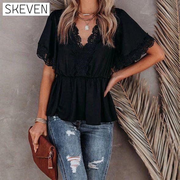 Women's Lace Panel Solid Color Short Sleeve Top Black clothes shirts short sleeve short sleeve shirt short sleeve top top tops