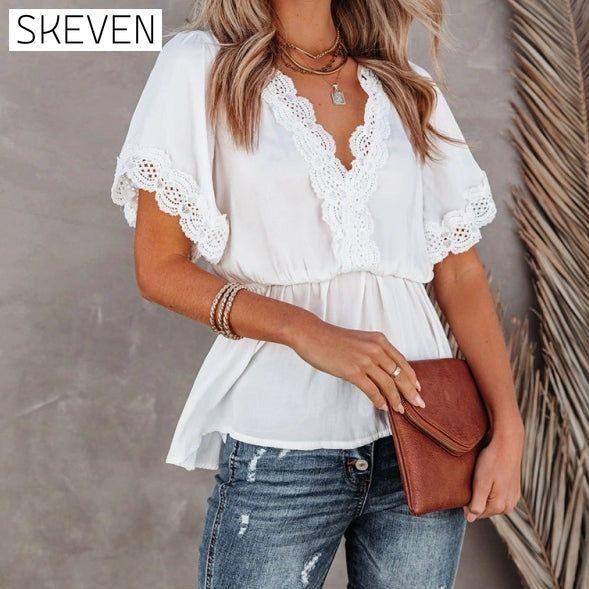 Women's Lace Panel Solid Color Short Sleeve Top clothes shirts short sleeve short sleeve shirt short sleeve top top tops