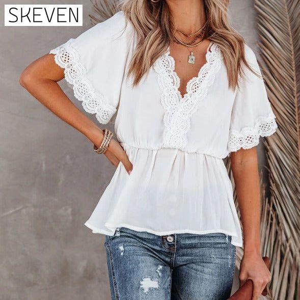 Women's Lace Panel Solid Color Short Sleeve Top clothes shirts short sleeve short sleeve shirt short sleeve top top tops