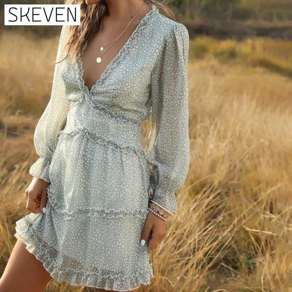 Women's Casual Vacation Fashion Short Chiffon Floral Dress Clothes