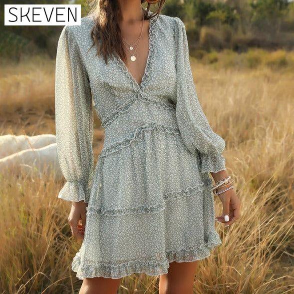 Women's Casual Vacation Fashion Short Chiffon Floral Dress Clothes