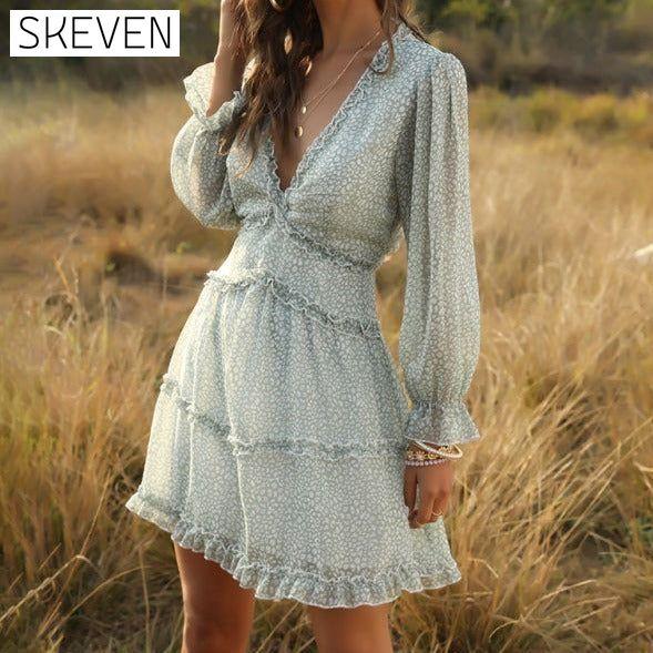Women's Casual Vacation Fashion Short Chiffon Floral Dress Green Clothes