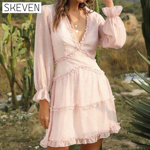 Women's Casual Vacation Fashion Short Chiffon Floral Dress Pink Clothes