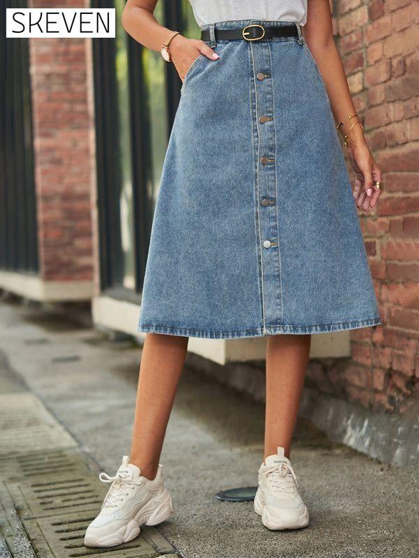 All-match slimming washed denim one-breasted skirt skirt Blue Clothes