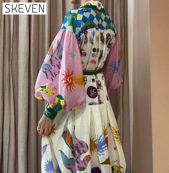 New retro French court style pleated long-sleeved loose dress clothes dresses long sleeve dresses maxi dress