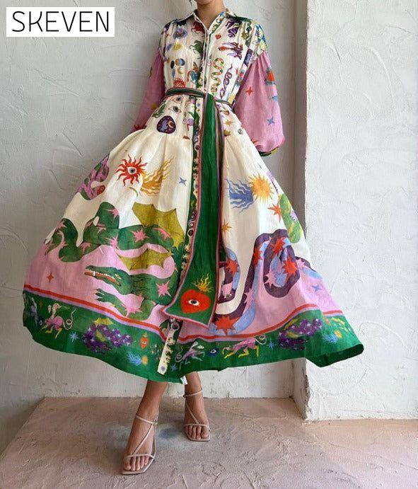 New retro French court style pleated long-sleeved loose dress clothes dresses long sleeve dresses maxi dress