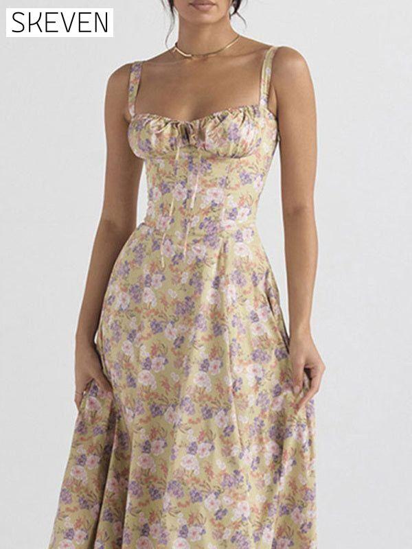 New print strap waist suspender slit dress Cracker khaki Clothes dress dresses
