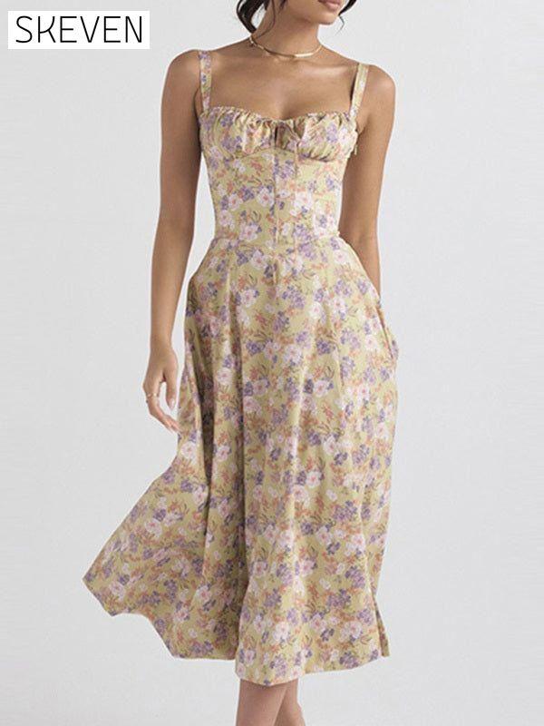 New print strap waist suspender slit dress Clothes dress dresses