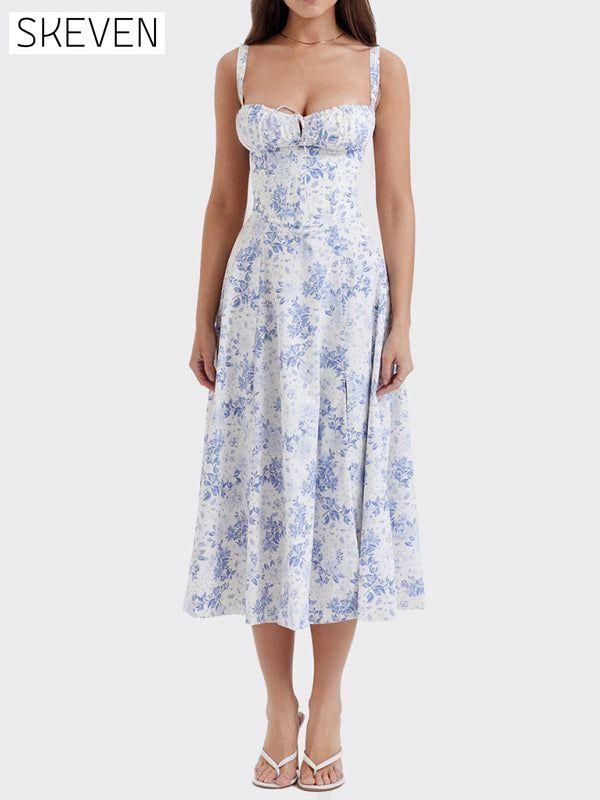 New print strap waist suspender slit dress Clear blue Clothes dress dresses