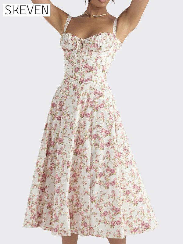 New print strap waist suspender slit dress Clothes dress dresses