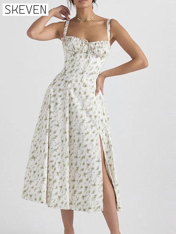 New print strap waist suspender slit dress White Clothes dress dresses