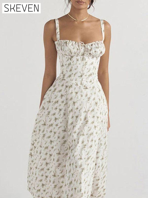New print strap waist suspender slit dress Clothes dress dresses