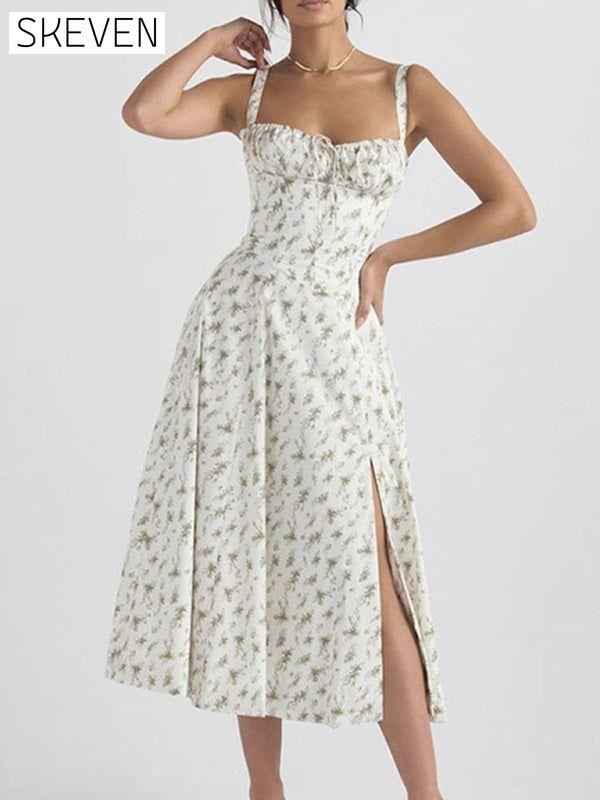 New print strap waist suspender slit dress Clothes dress dresses