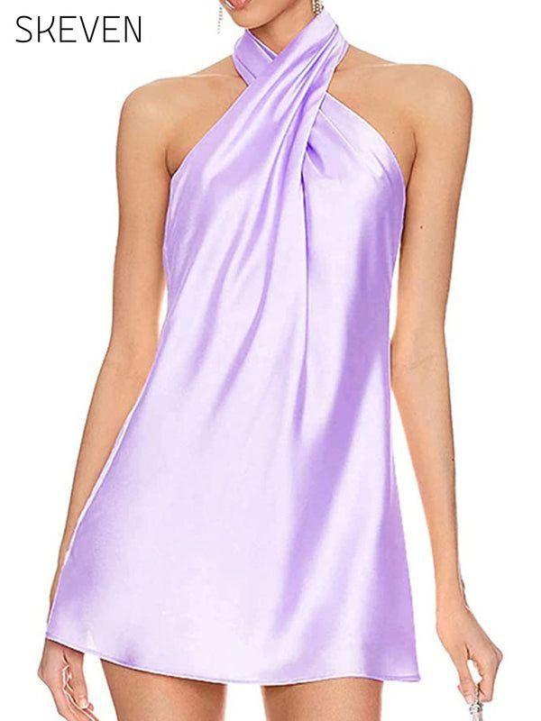 Slim fit crossover sleeveless backless halterneck dress Purple clothes dress dresses halter dress short dresses sleeveless dress