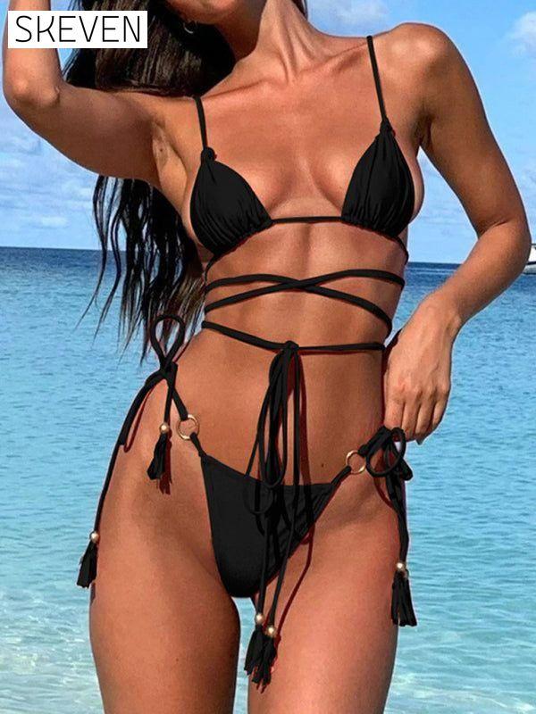 Women's two-piece sexy strappy bikini swimsuit Black Clothes swim swimwear