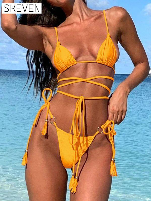 Women's two-piece sexy strappy bikini swimsuit Yellow Clothes swim swimwear