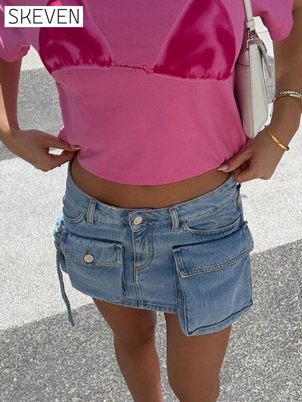 Women's Irregular Big Pocket High Waist Zipper Denim Skirt bottoms clothes skirts