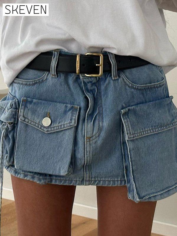 Women's Irregular Big Pocket High Waist Zipper Denim Skirt Blue bottoms clothes skirts