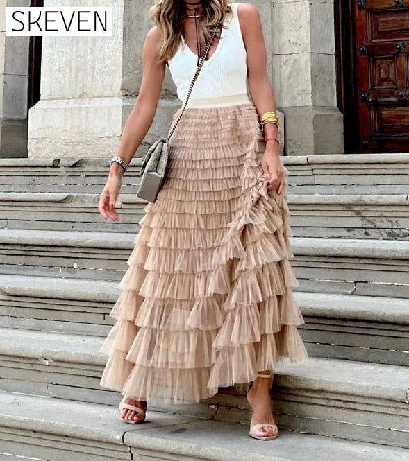 Women's Mesh Cake Swing Multi-layer Skirt Khaki bottoms clothes skirts Women's Bottoms