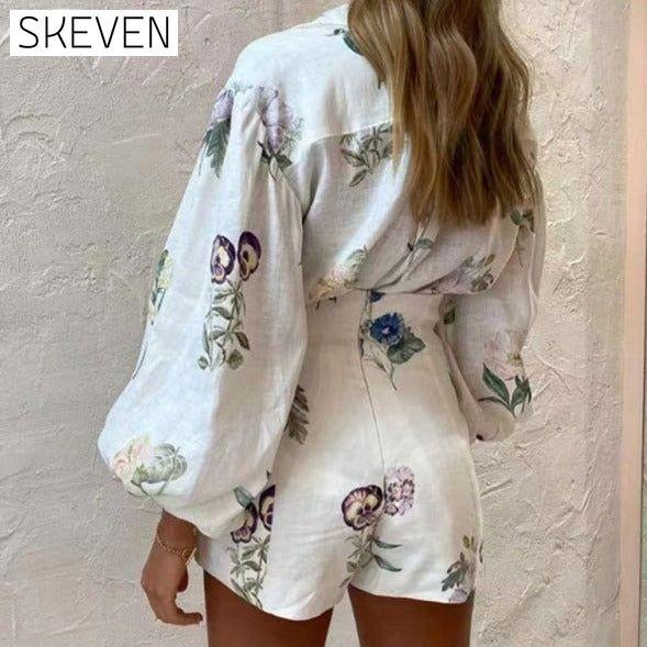 New style fresh floral ladylike temperament commuter long-sleeved shirt top high-waisted shorts suit clothes pants set set sets short set